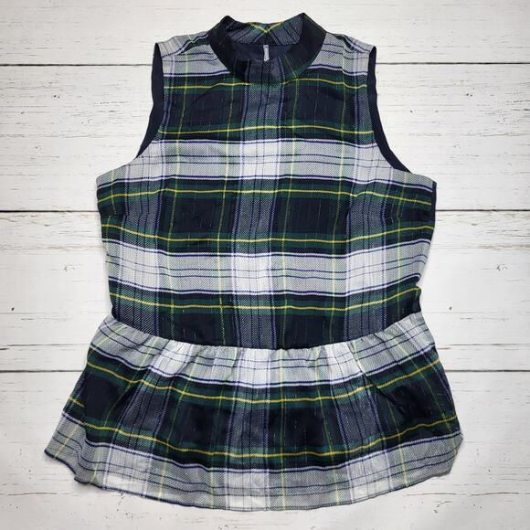 J Crew Sleeveless Peplum Top Gilded Highland Tartan Plaid Blue Green Mockneck XS - Picture 3 of 11